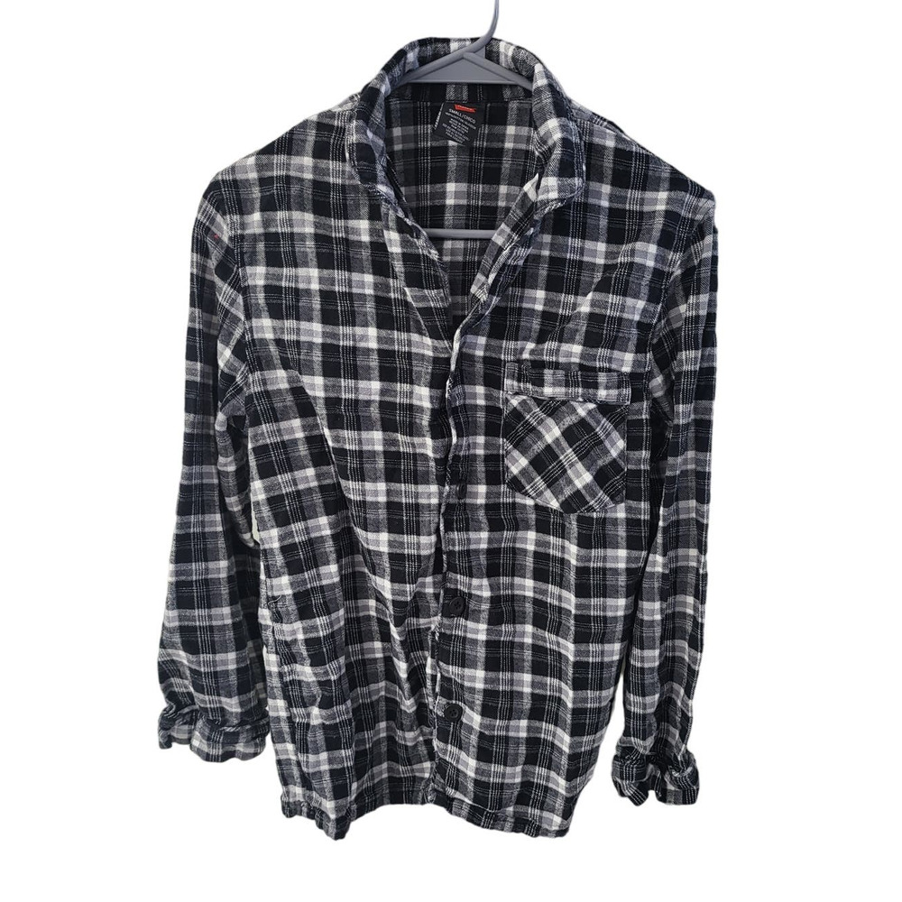 Hanes Black and White Plaid Flannel Men's Button Up - Small